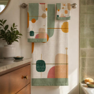 Mid centrury Teal, gold and pink abstract  Bath Towel Set