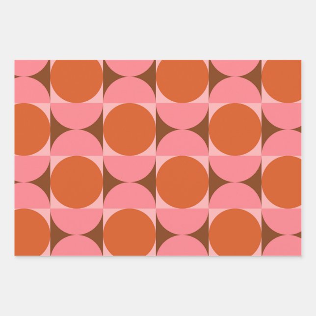 Mid century abstract circles pink and orange  wrapping paper sheet (Front)