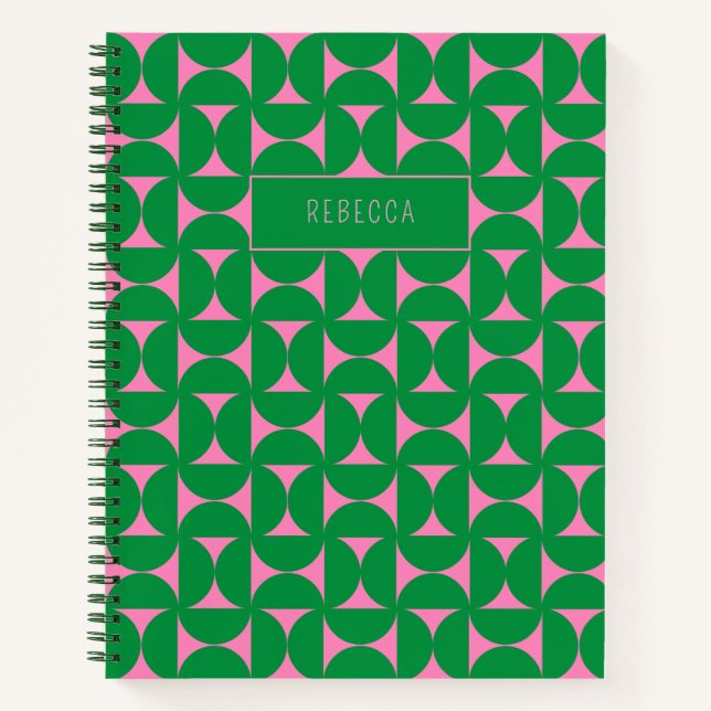 Mid Century Abstract Green & Pink Geometric Shapes Notebook (Front)