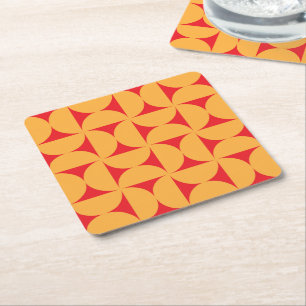 Mid Century abstract Half circles in orange on red Square Paper Coaster