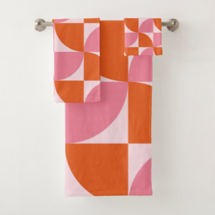 Mid century Abstract Orange and Pink Pattern Bath Towel Set