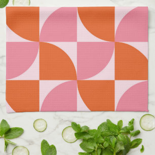 Mid century Abstract Orange and Pink Pattern Tea Towel
