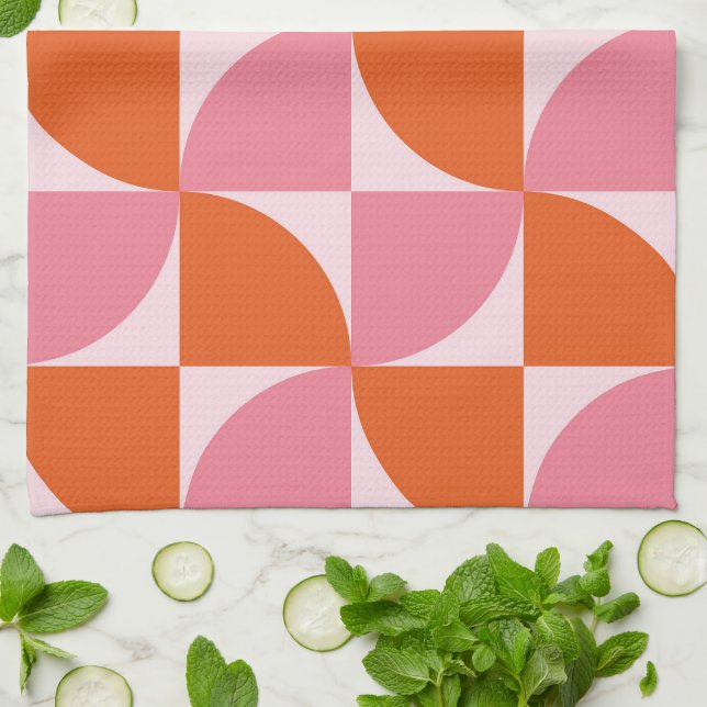 Mid century Abstract Orange and Pink Pattern    Tea Towel (Folded)