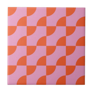 Mid Century Abstract Orange Semi Circles on Pink  Ceramic Tile