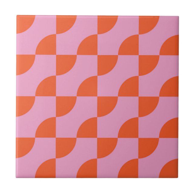 Mid Century Abstract Orange Semi Circles on Pink  Ceramic Tile (Front)