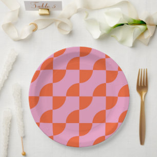 Mid Century Abstract Orange Semi Circles on Pink Paper Plate