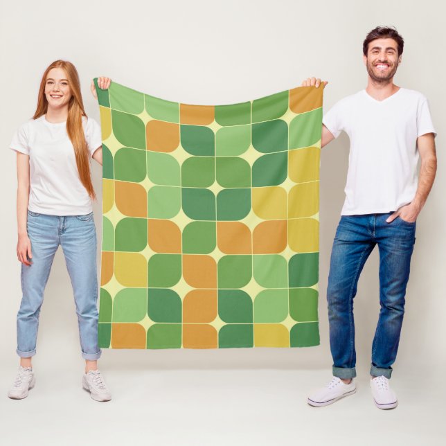 Mid Century Abstract Pattern Green Orange  Fleece Blanket (In Situ)