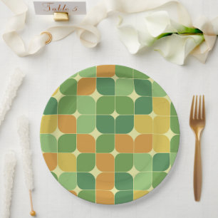 Mid Century Abstract Pattern green orange Yellow Paper Plate
