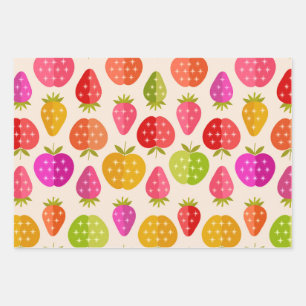 Mid century apples and strawberries colourful  wrapping paper sheet
