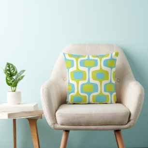 Mid-Century Aqua and Chartreuse Retro Pattern Cushion