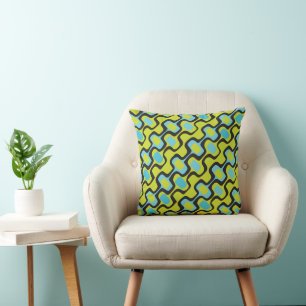 Mid-Century Aqua and Chartreuse Retro Pattern Cushion