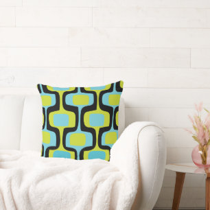 Mid-Century Aqua Chartreuse & Black Retro Pattern Cushion