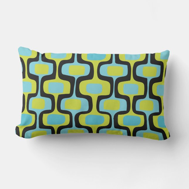 Mid-Century Aqua Chartreuse & Black Retro Pattern Outdoor Cushion (Front)