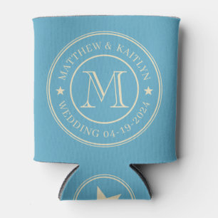 Mid-Century Aqua Sky Wedding Monogram Star Can Cooler