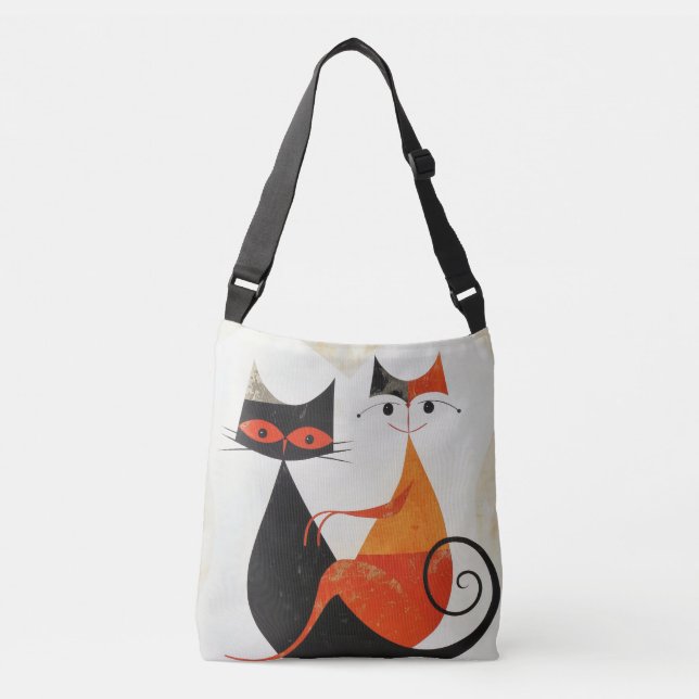 Mid Century Art Cat Duo Print Crossbody Bag (Front)
