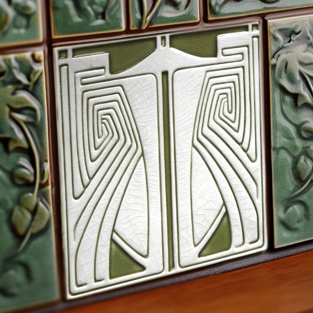 Mid-Century Art Nouveau Symmetry Sage Green Ceramic Tile (Creator Uploaded)