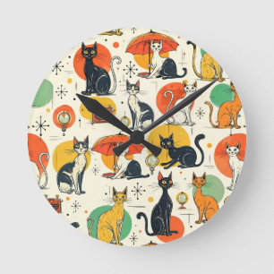 Mid-Century Atomic Age Cats Retro Pattern Round Clock