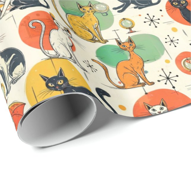 Mid-Century Atomic Age Cats Retro Pattern Wrapping Paper (Roll Corner)