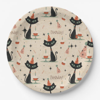 Mid-Century Atomic Cat Birthday Pattern Paper Plate