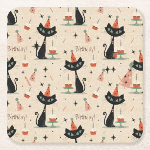 Mid-Century Atomic Cat Birthday Pattern Square Paper Coaster