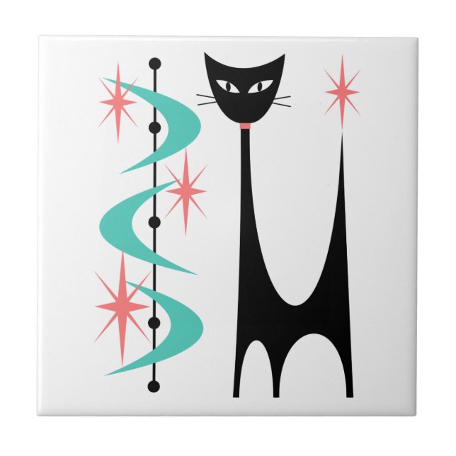 Mid Century Atomic Cat with Aqua Boomerangs Tile (Front)