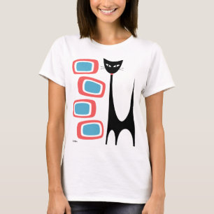 Mid Century Atomic Cat with Pink and Blue Oblongs T-Shirt