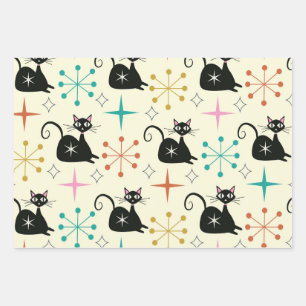 Mid Century Atomic Cat with Starbursts  Wrapping Paper Sheet