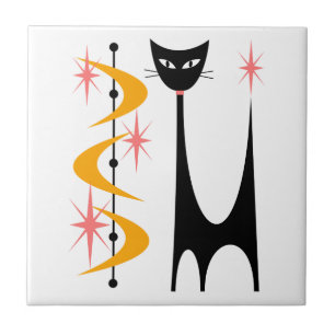 Mid Century Atomic Cat with Yellow Boomerangs Tile