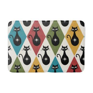 Mid Century Atomic cats on Harlequin diamonds  Bath Mat