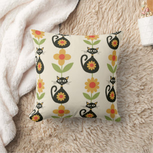 Mid Century Atomic Cats with Retro Orange flowers Cushion
