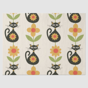 Mid Century Atomic Cats with Retro Orange flowers Tissue Paper