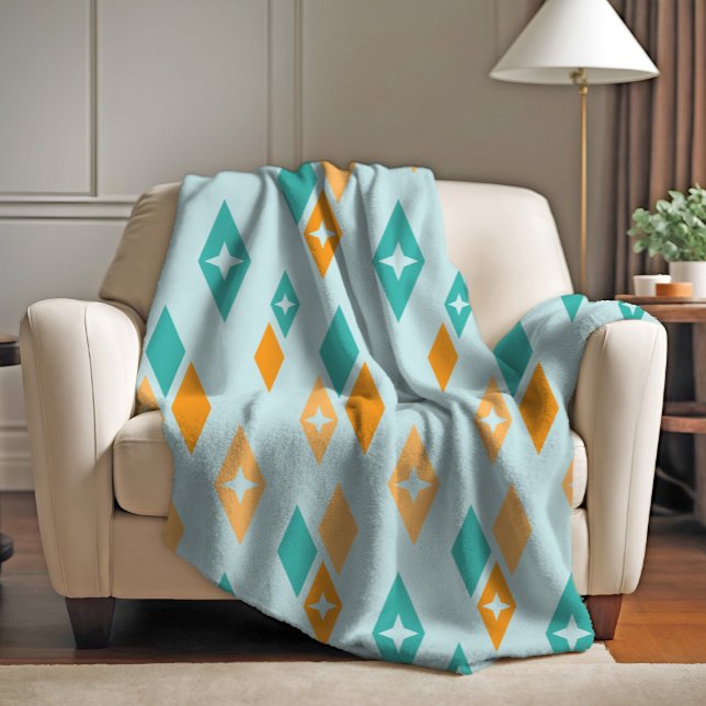 Mid Century Atomic Diamonds Aqua, Teal, Orange Fleece Blanket (Creator Uploaded)
