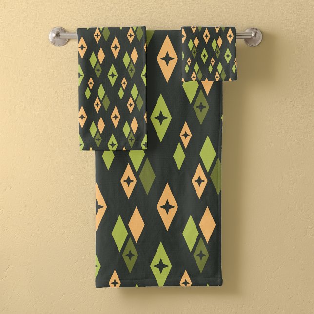 Mid Century Atomic Diamonds Pattern Green Orange Bath Towel Set (Creator Uploaded)