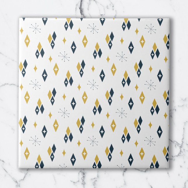 Mid Century Atomic Diamonds Starburst Navy Mustard Ceramic Tile (Creator Uploaded)