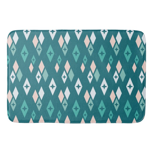 Mid Century Atomic Diamonds Teal, Peach, Pale Blue Bath Mat (Front)
