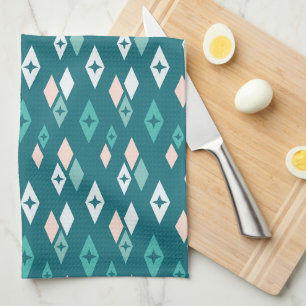 Mid Century Atomic Diamonds Teal, Peach, Pale Blue Tea Towel