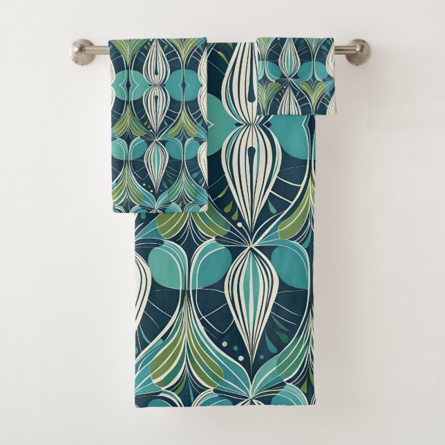 Mid Century Atomic Drops Blue Green Pattern Bath Towel Set (Insitu)