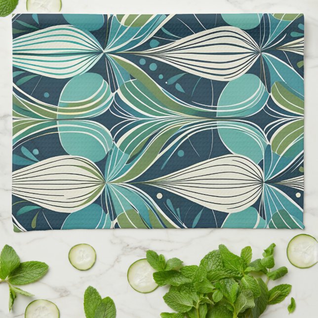 Mid Century Atomic Drops Blue Green Pattern Tea Towel (Folded)