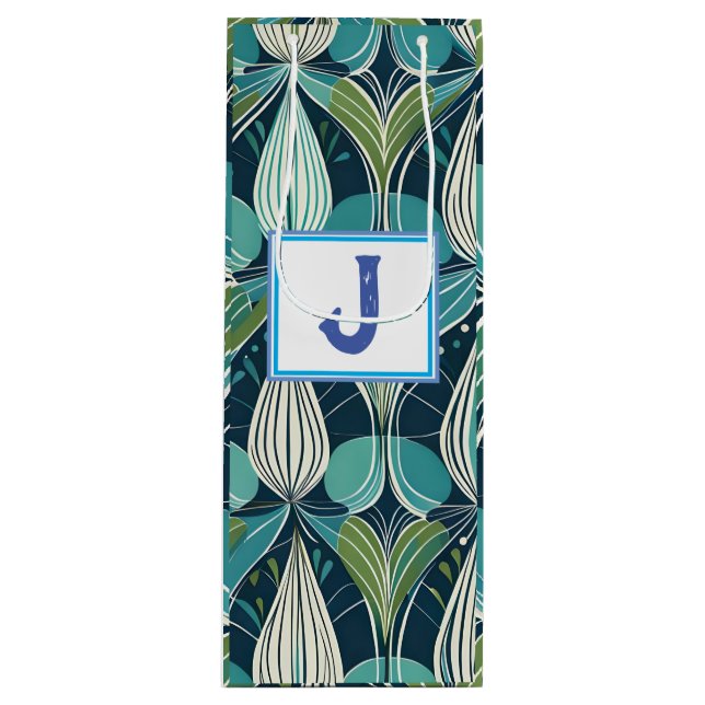 Mid Century Atomic Drops Blue Green Pattern Wine Gift Bag (Front)