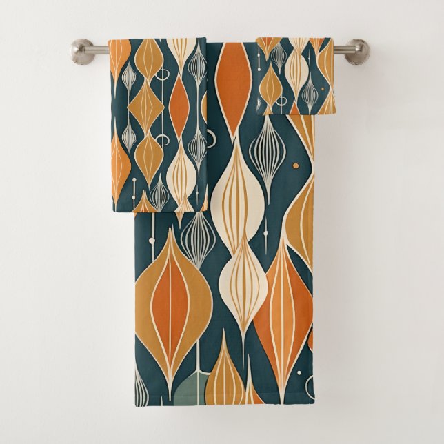 Mid Century Atomic Drops Ochre  Modern Retro  Bath Towel Set (Insitu)