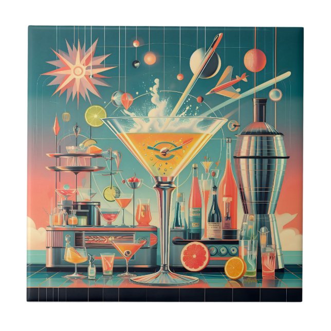Mid Century Atomic Futuristic Citrus Martini Bar Ceramic Tile (Front)