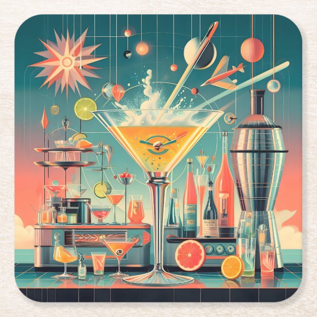 Mid Century Atomic Futuristic Citrus Martini Bar Square Paper Coaster (Front)