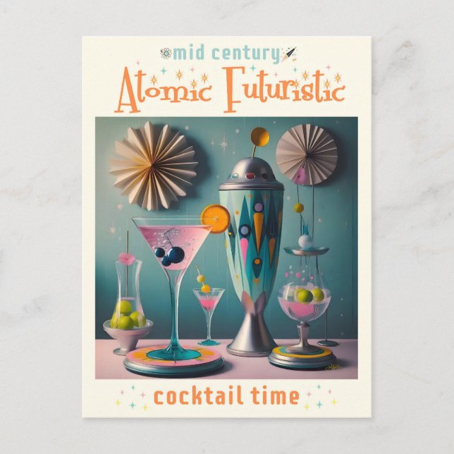 Mid Century Atomic Futuristic Cocktail Time Postcard (Front)