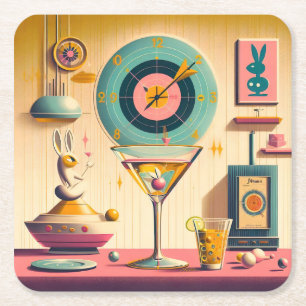 Mid Century Atomic Futuristic Rabbit Martini Square Paper Coaster