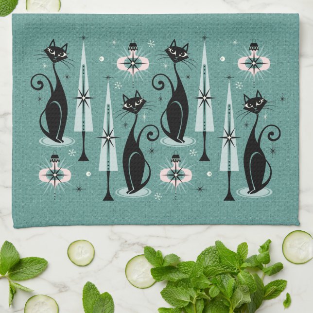 Mid Century Atomic Kitty Christmas ©studioxtine Tea Towel (Folded)