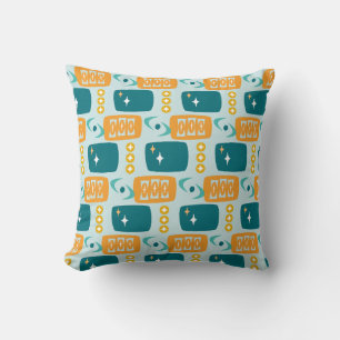 Mid Century Atomic Pattern in Aqua, Orange, Teal Cushion