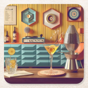 Mid Century Atomic Retro Futuristic Party Room Square Paper Coaster