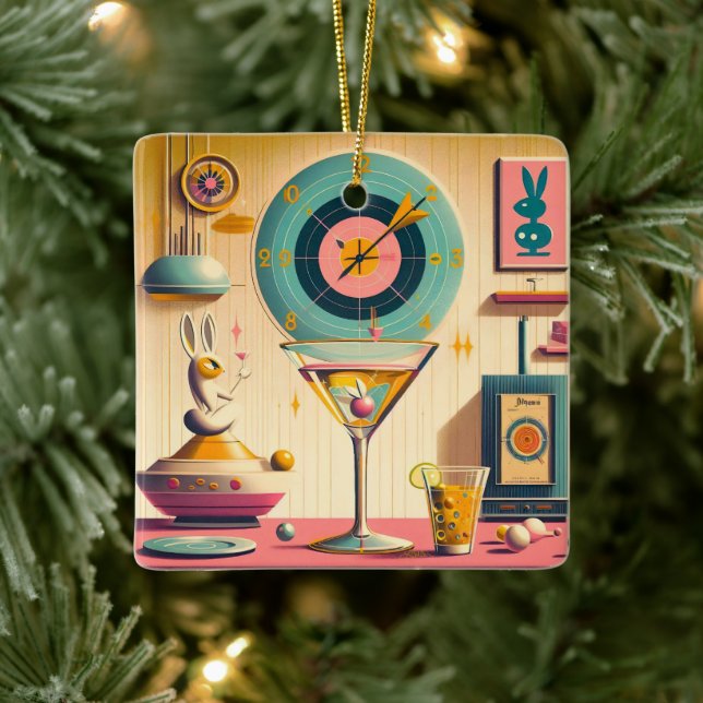 Mid Century Atomic Retro Futuristic Rabbit Martini Ceramic Ornament (Tree)