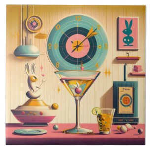 Mid Century Atomic Retro Futuristic Rabbit Martini Ceramic Tile