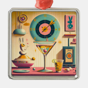 Mid Century Atomic Retro Futuristic Rabbit Martini Metal Ornament